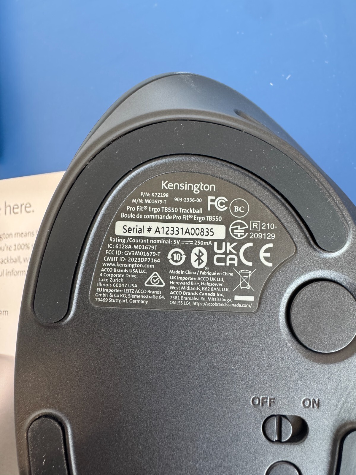 Kensington Pro Fit Ergo TB550 Wireless Trackball Mouse Rechargeable W/ Dongle - Image 6