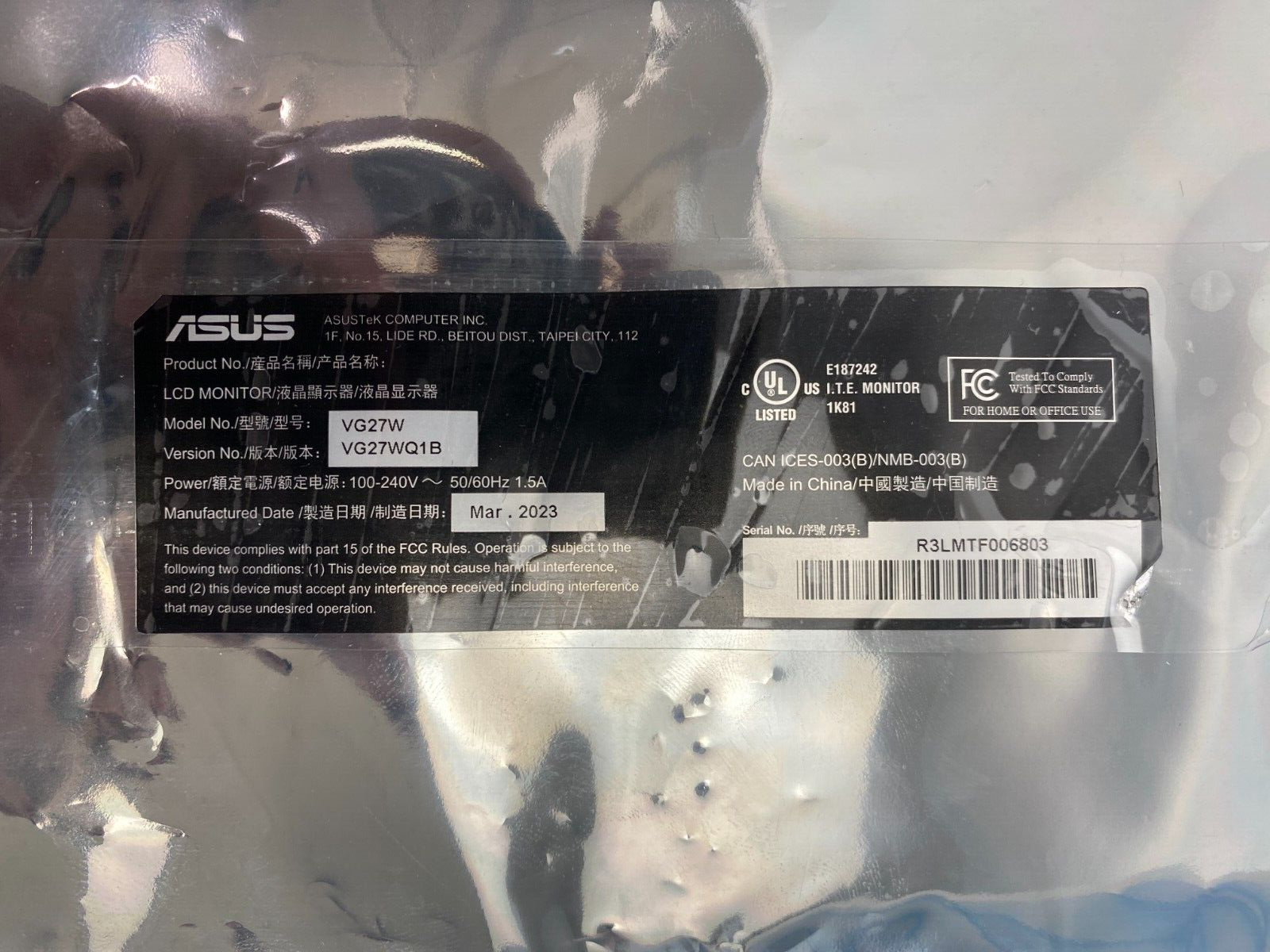 ASUS VG27W VG27WQ1B Monitor Main Board + PSU Power Supply Board - Image 2