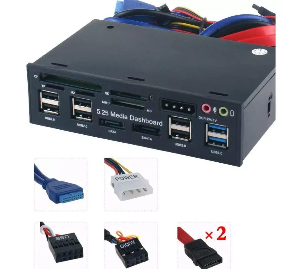 5.25'' PC Front Panel Dashboard Media USB 3.0 Hub Audio eSATA SATA Card 525E