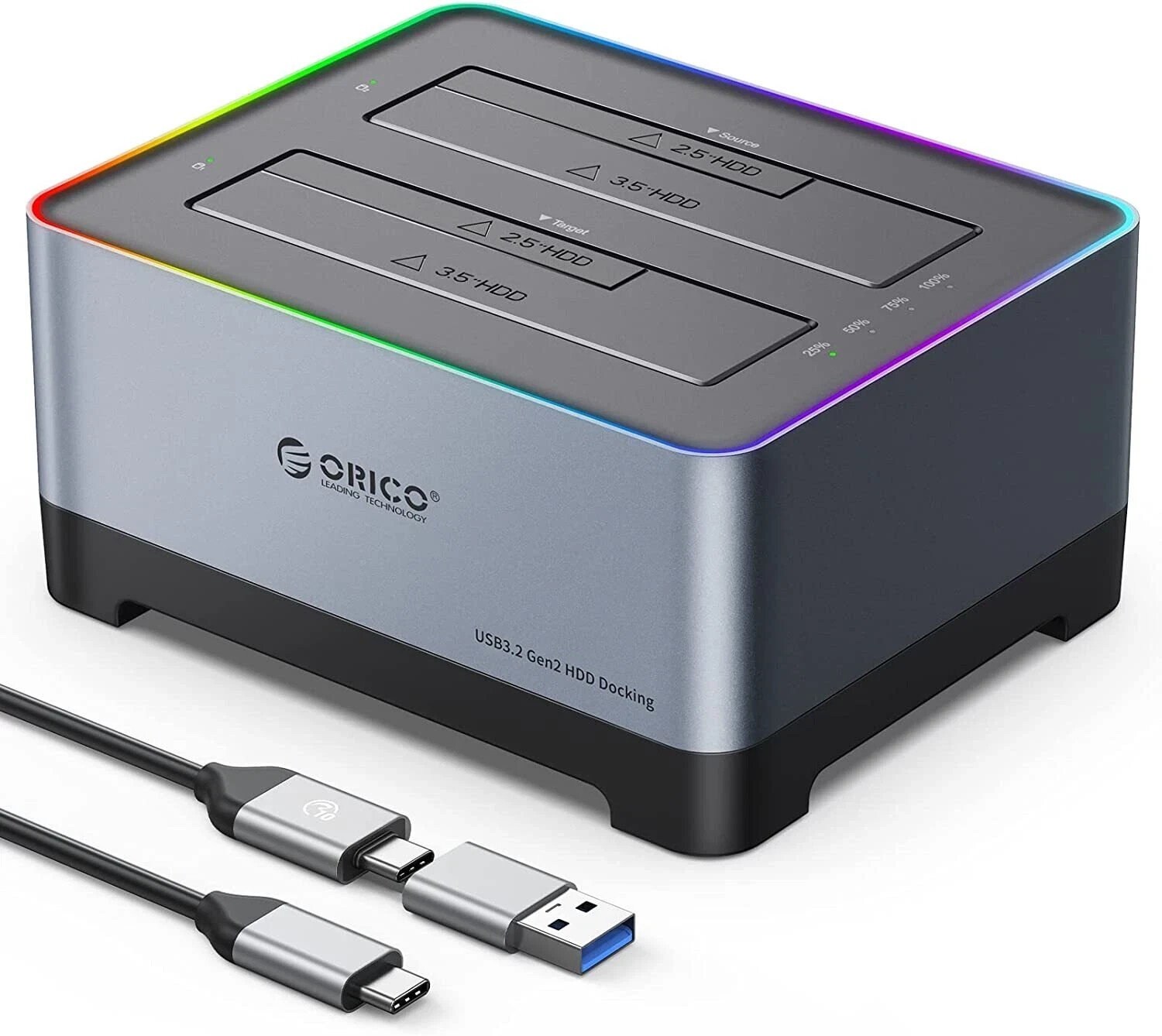 ORICO 2.5/3.5" HDD Docking Station USB 3.2 Gen2 to SATA RGB Offline Clone 18TB - Image 2