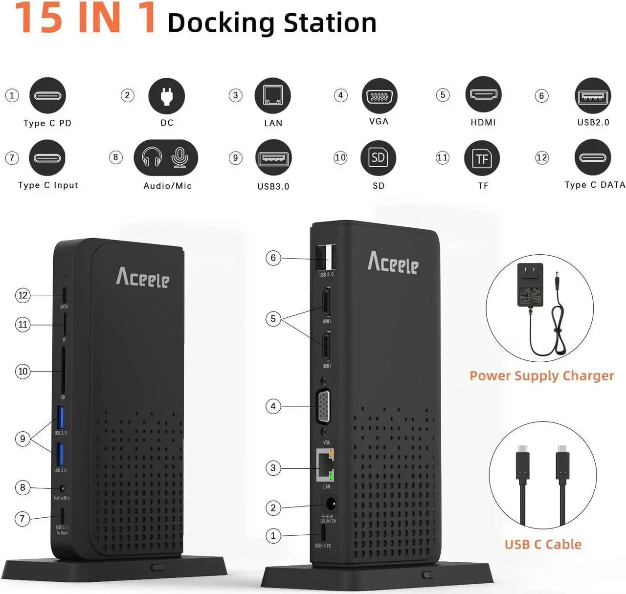 Aceele Triple Display USB C Docking Station 15 in 1 USB C Dock SD/TF 4K HDMI
