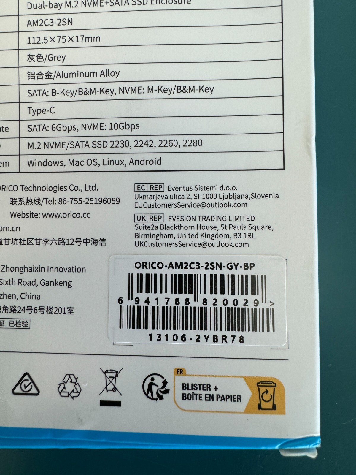 Orico Dual-Bay M.2 NVME + SATA SSD Enclosure (Grey) (AM2C3-2SN) - Image 3