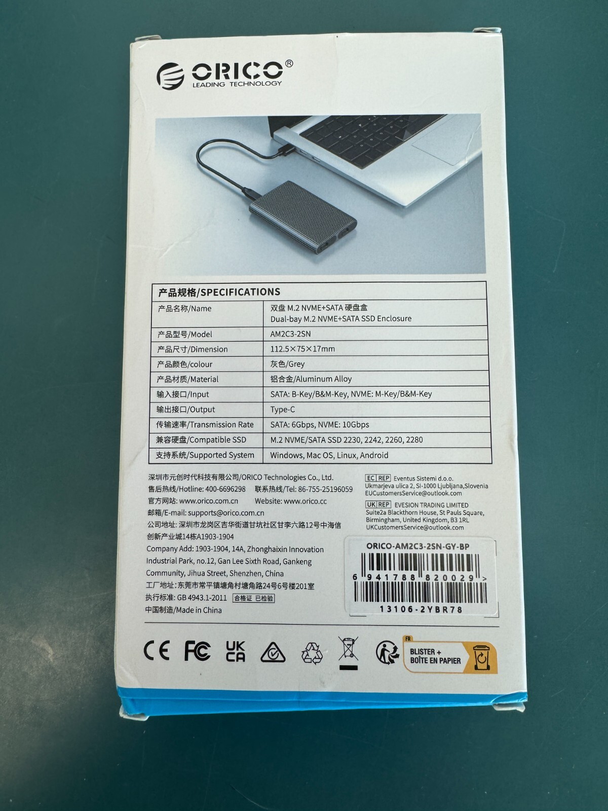 Orico Dual-Bay M.2 NVME + SATA SSD Enclosure (Grey) (AM2C3-2SN) - Image 4