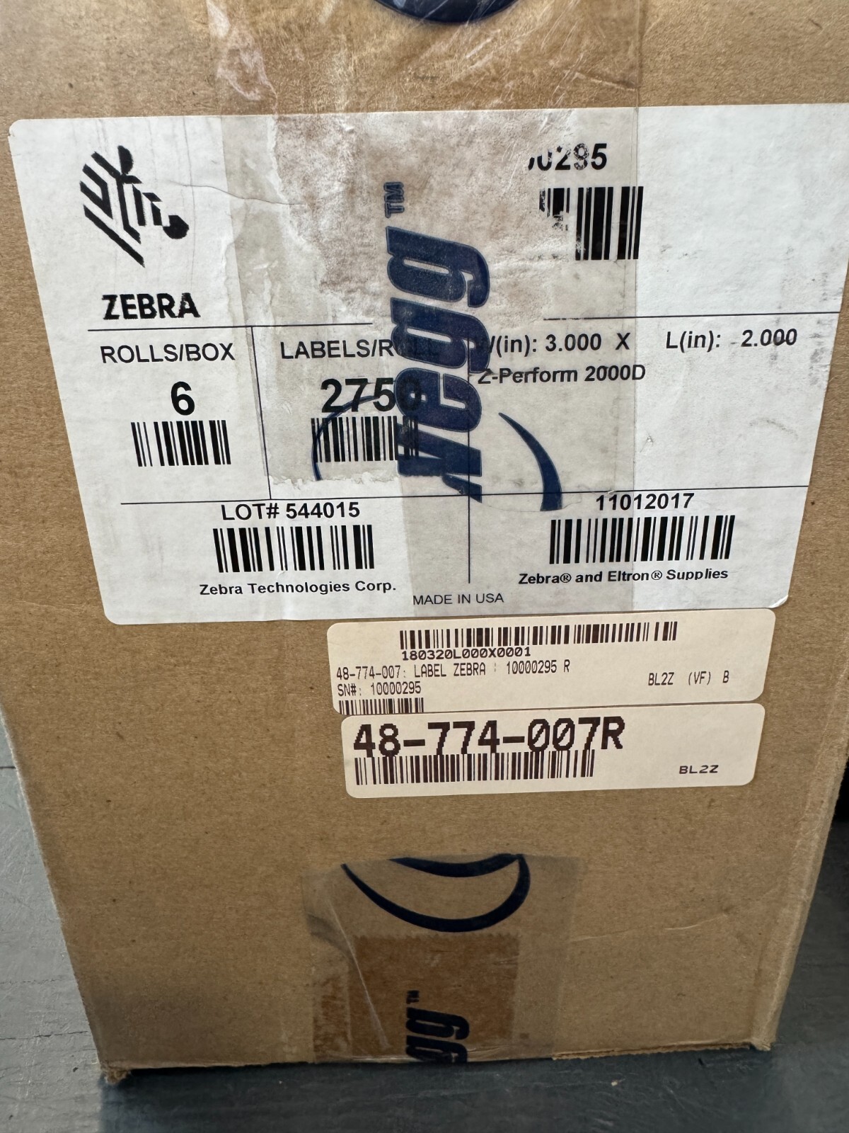 Zebra 3" x 2" Z-Perform 2000D Direct Thermal Barcode Labels 10000295 - 6 Rolls - Image 2