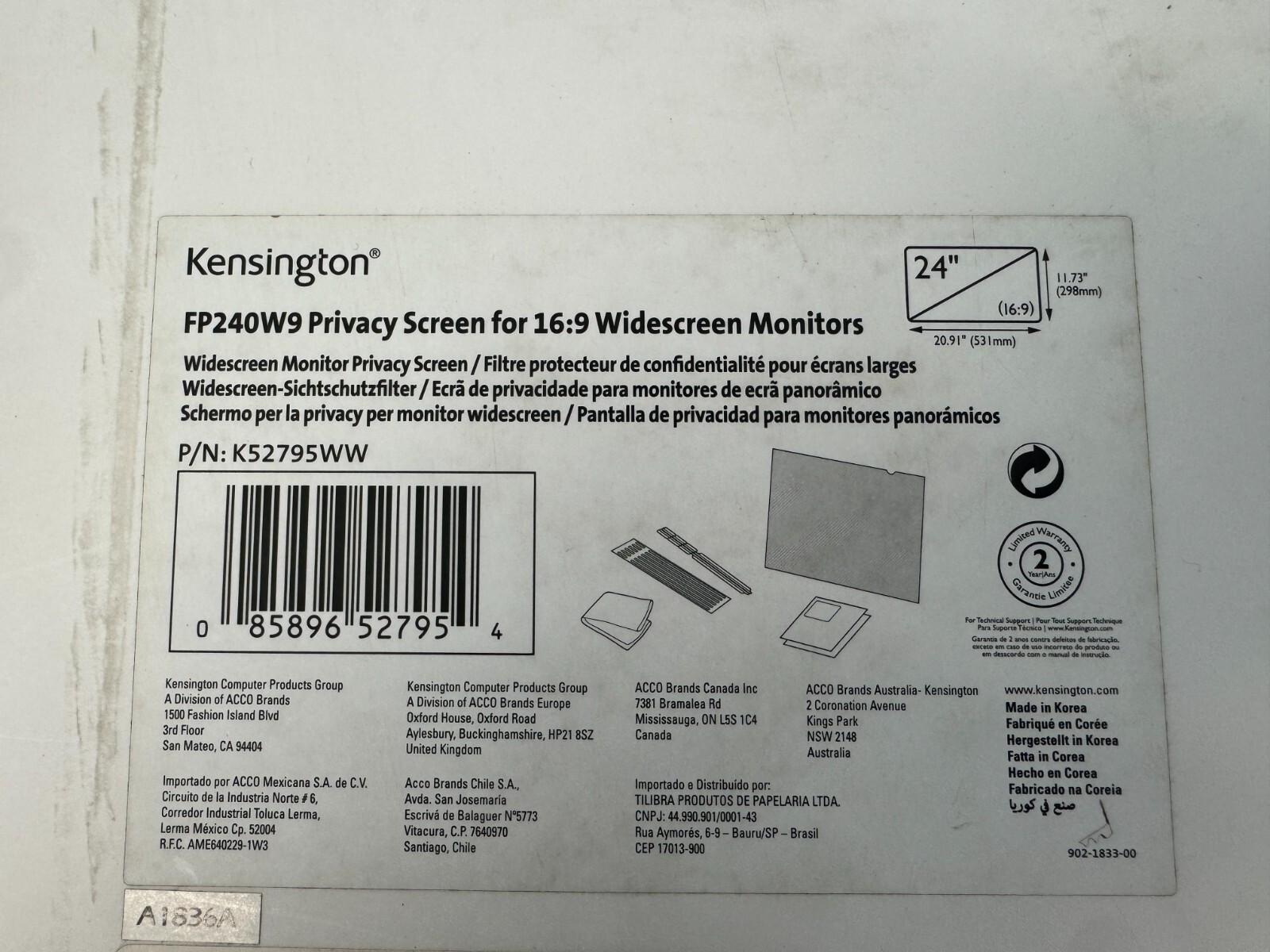 Kensington Anti-Glare Privacy Filter & Screen Protector for 24" Widescreen