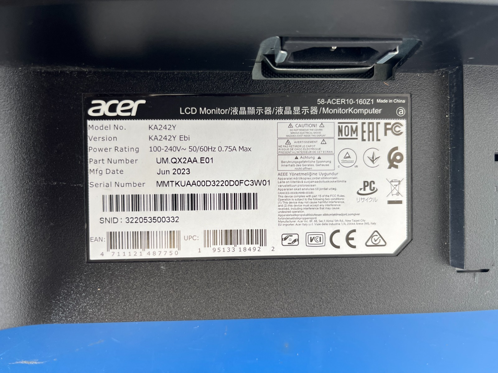 Acer KA242Y 23.8" Widescreen LCD Monitor IPS 1ms VRB Free Sync MISSING STAND - Image 4
