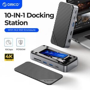 ORICO M.2 NVMe SATA SSD Enclosure 10Gbps PD100W RJ45 4K 10-in-1 Docking Station