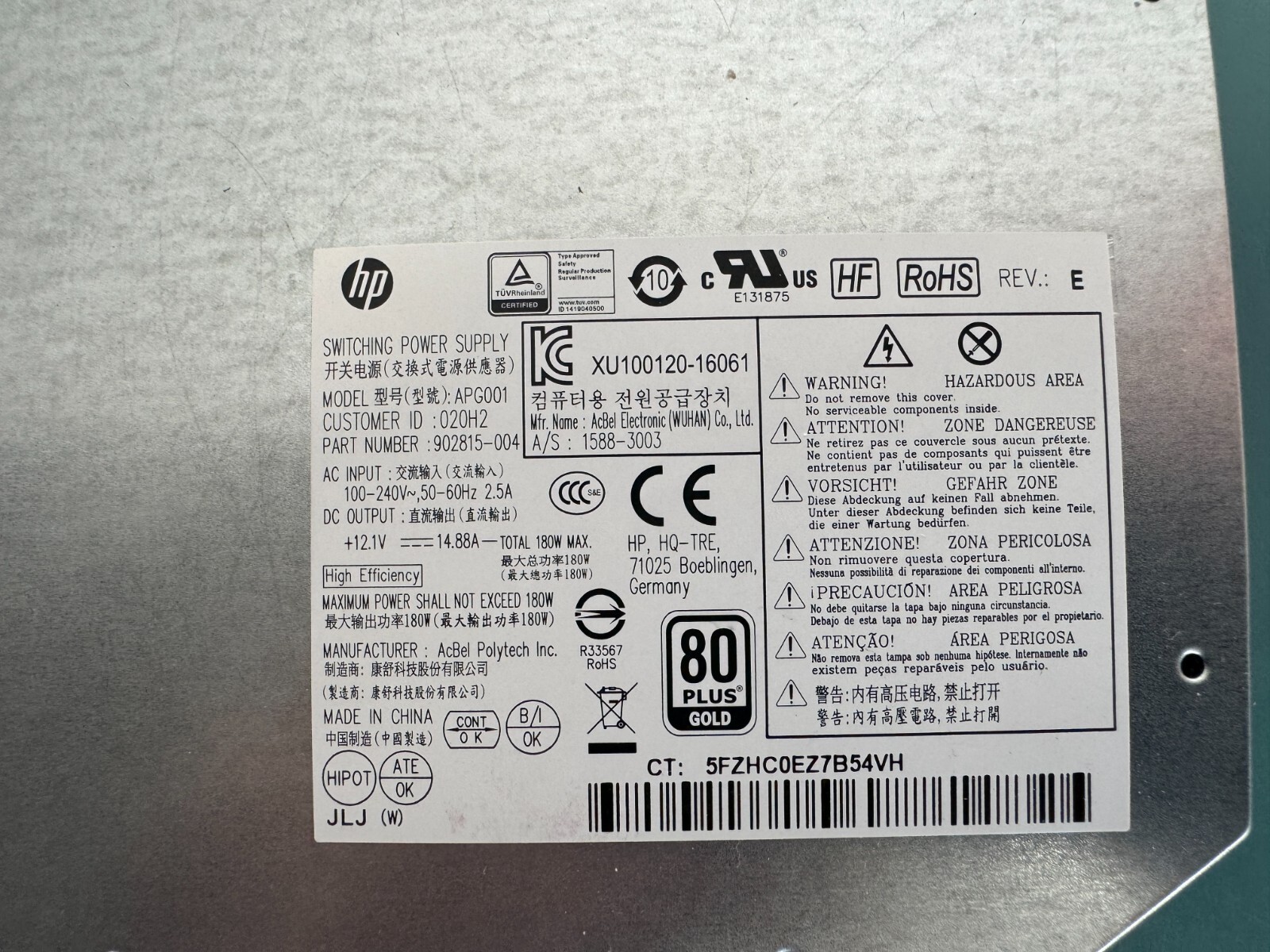 HP 902815-004 APG001 EliteOne 800 G4 23.8 All In One Touch 180W Power Supply PSU - Image 2