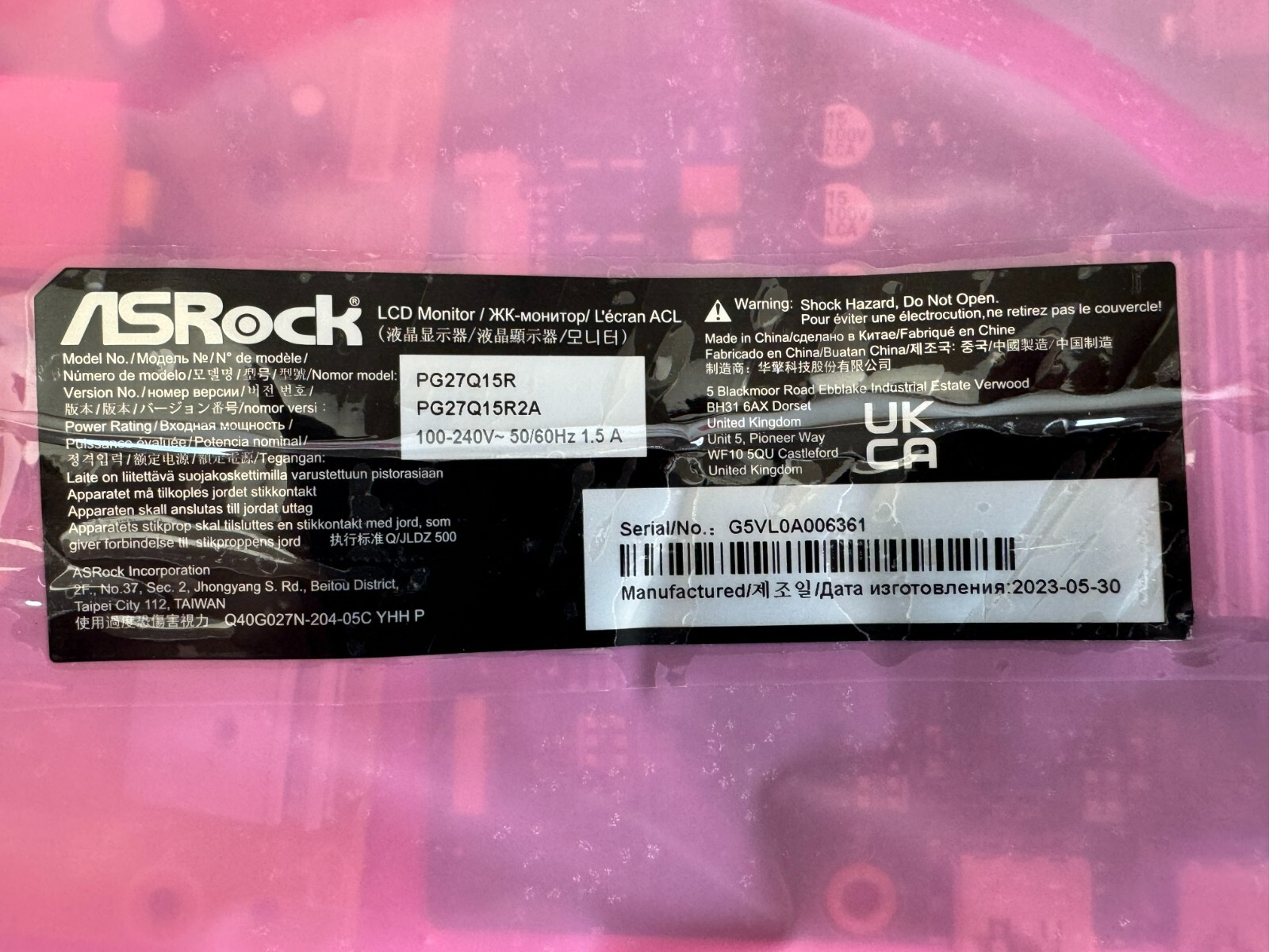 Main Board + Power supply For Asrock PG27Q15R PG27Q15R2A