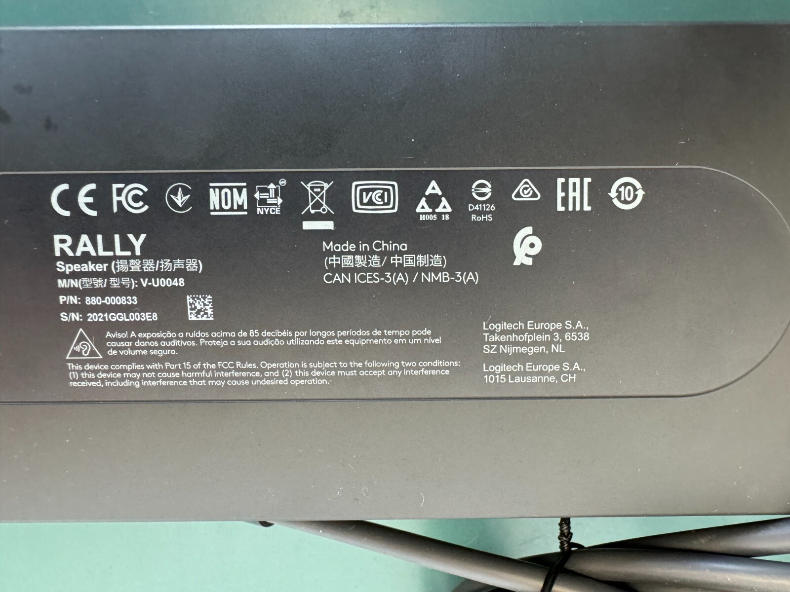 Logitech Rally Speaker V-U0048 with Cable (Left) 880-000833 - Image 3