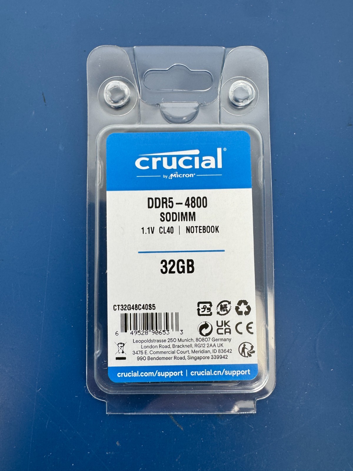 Crucial 32GB DDR5 4800MHz CL40 SODIMM Laptop Memory - CT32G48C40S5