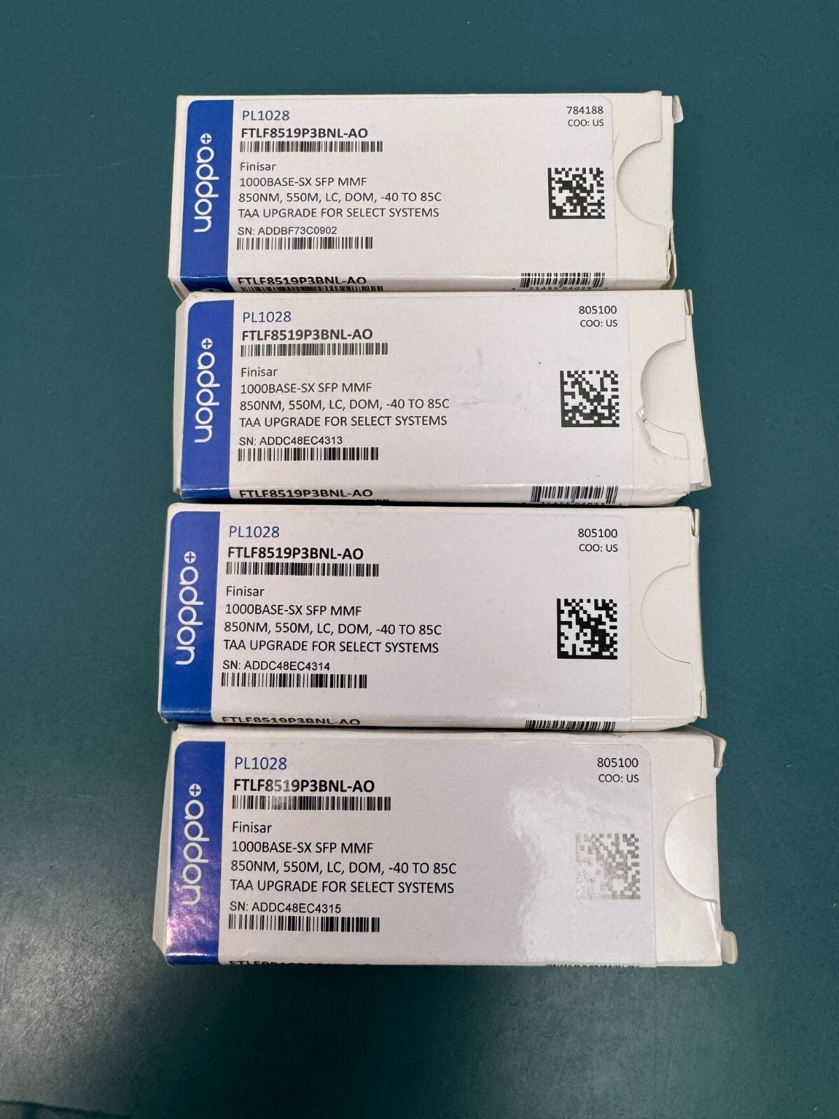 LOT of 4x AddOn Finisar FTLF8519P3BNL Compatible TAA Comp. 1000Base-SX SFP