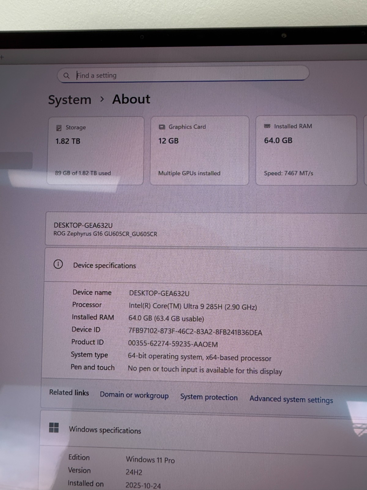 ASUS ROG Zephyrus G16 16" Laptop 5070ti Intel Ultra 9-285H 64GB RAM 2TB SSD RTX - Image 13