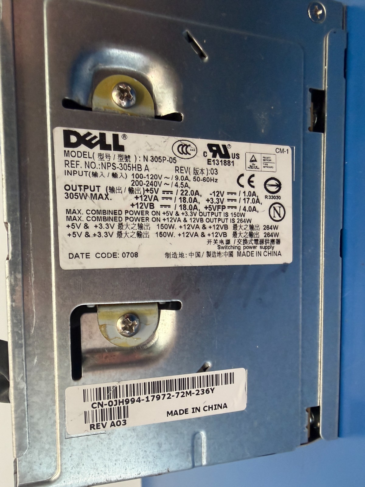 Dell PC Power Supply N305P-05 NPS305HB A 305W - Image 2