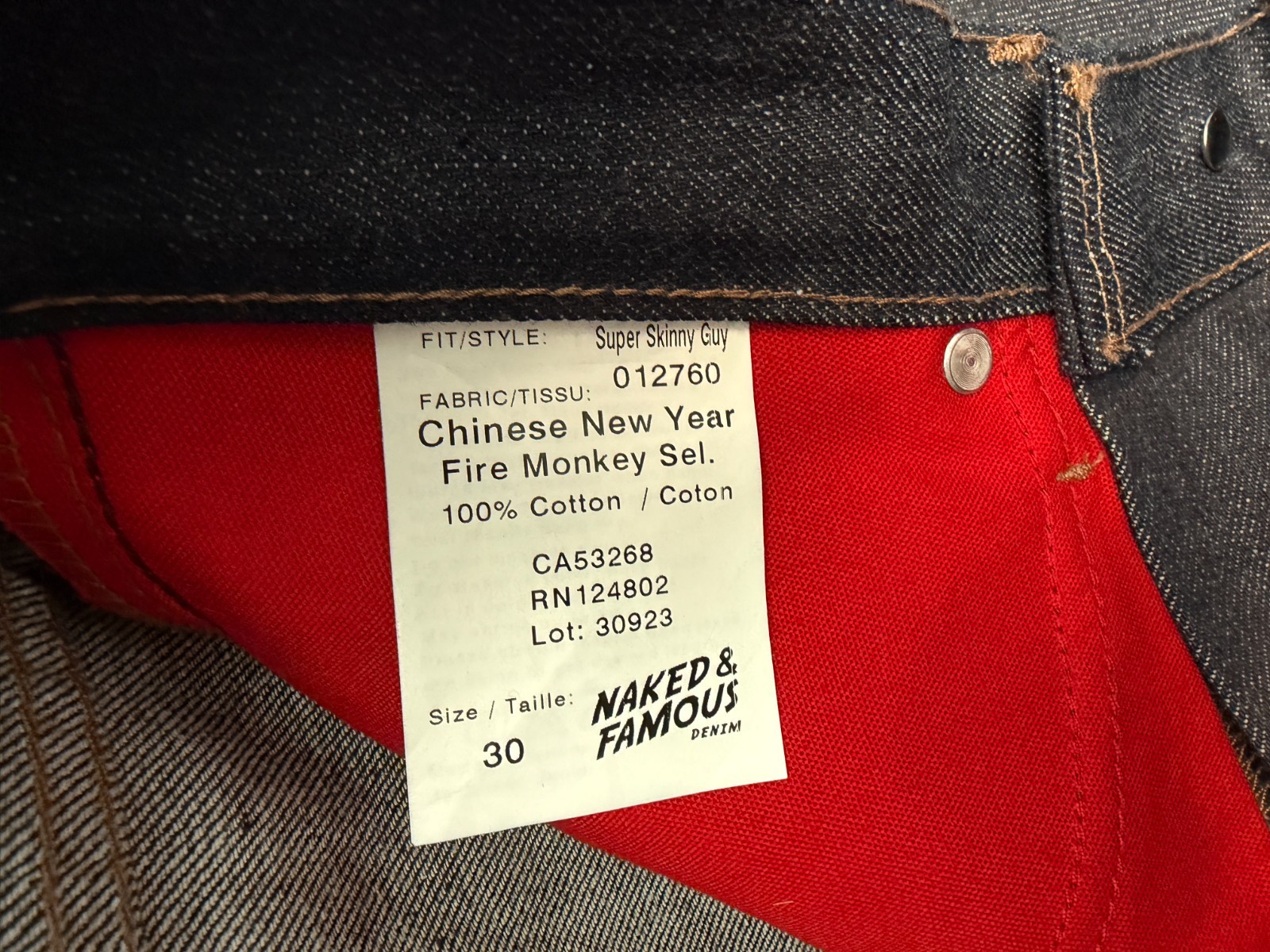 Naked & Famous Denim Super Skinny Guy Chinese New Year Fire Monkey Size 30 - Image 5