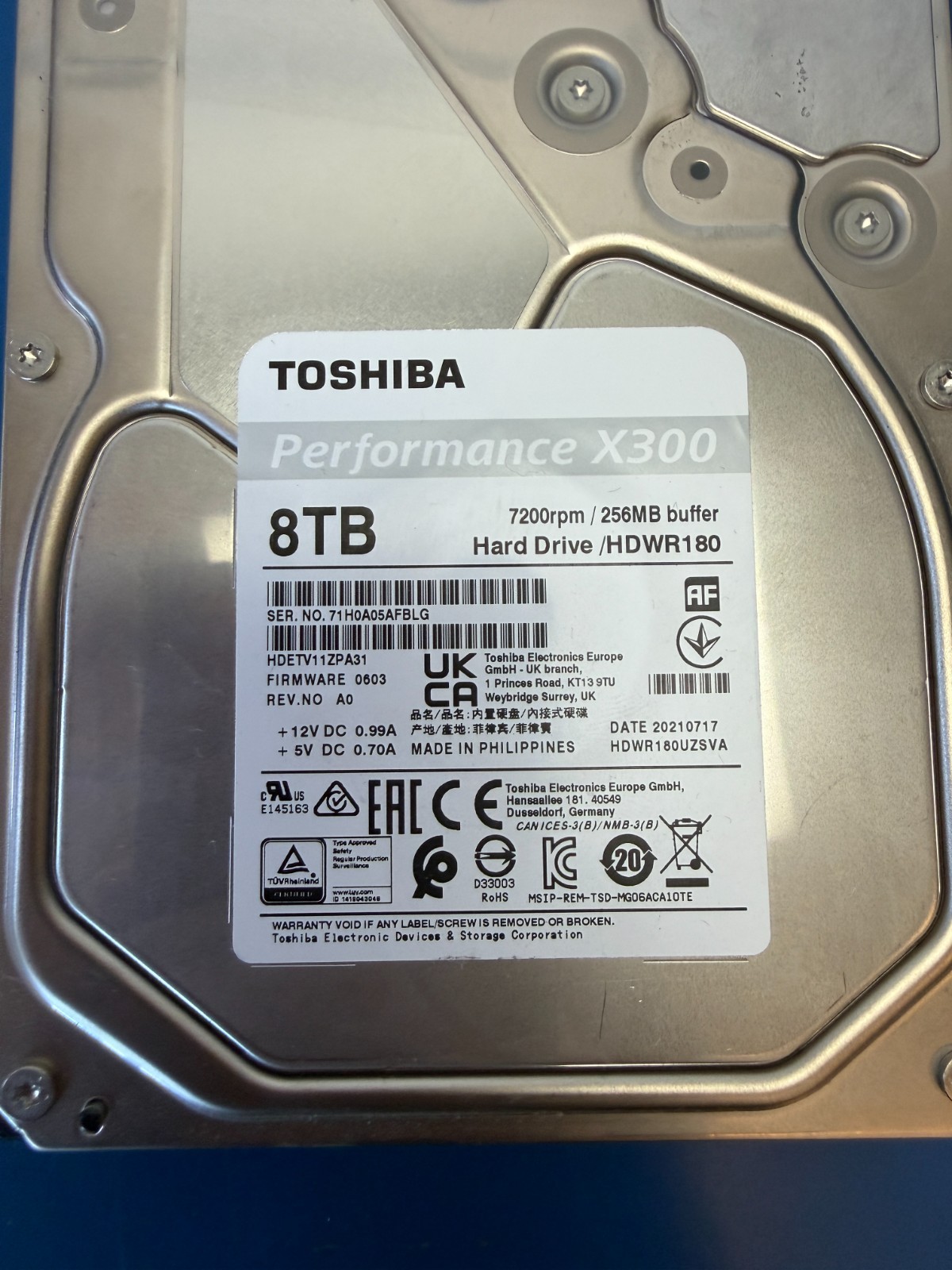 X300 HDWR180UZSVA P/N: HDETV11ZPA31 F/W: 0603 Toshiba 8TB Desktop HDD - Image 3