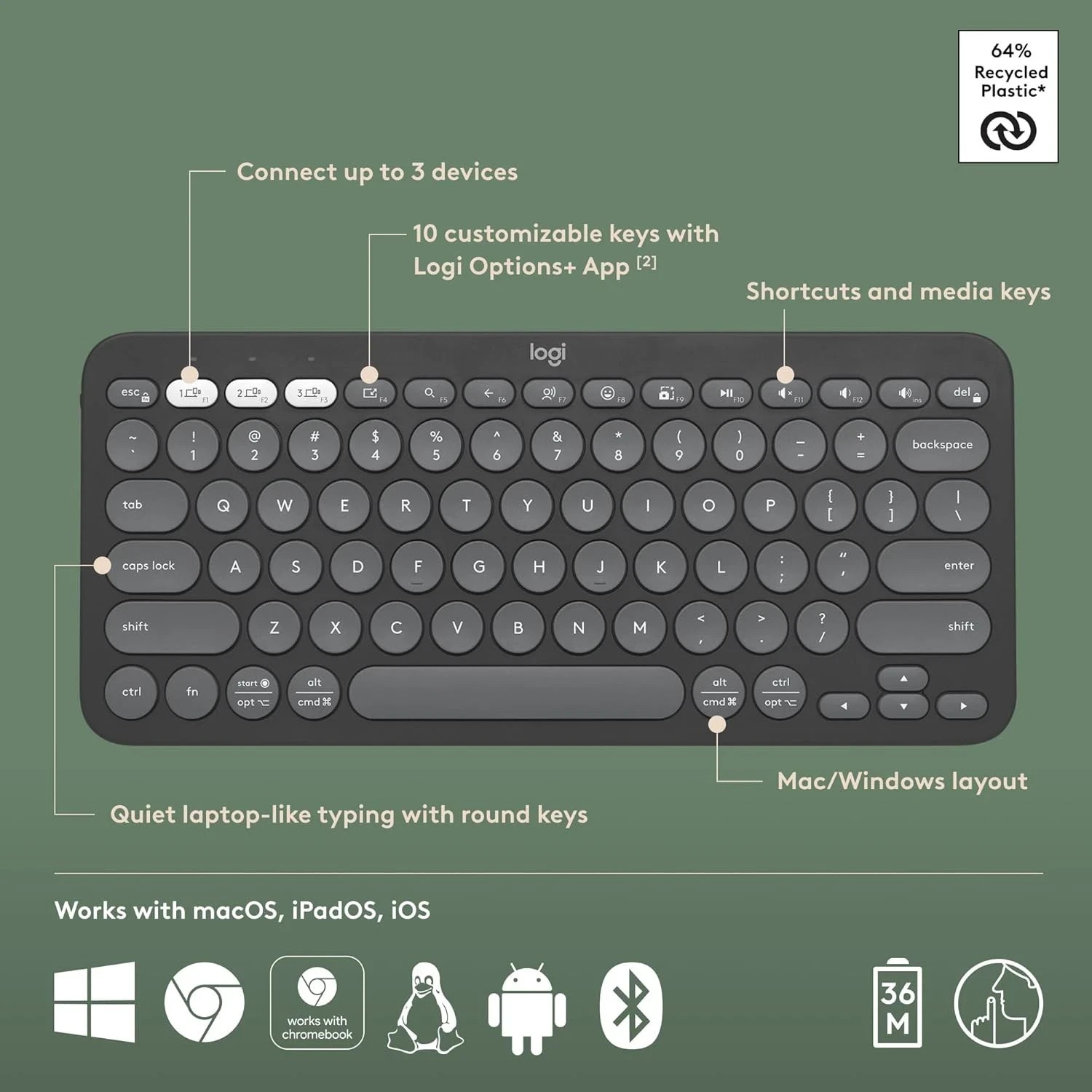 Logitech Pebble Keys 2 K380s Bluetooth Keyboard Slim Multi-Device Tonal Graphite - Image 4