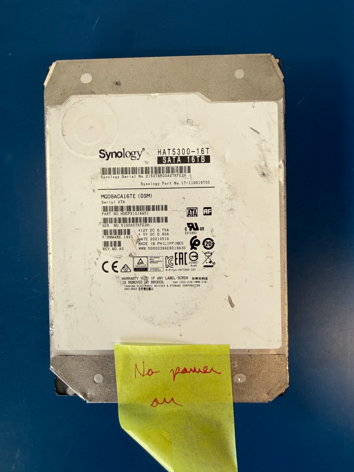 *DEFECTIVE* HAT5300-16T Synology 16TB 7200 RPM SATA 6Gb/s 3.5in HDD MG08ACA16TE